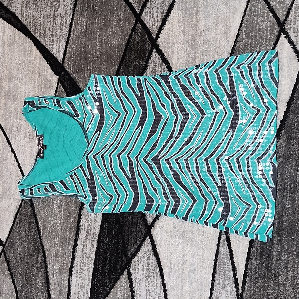 Almost Famous Sequins Teal Zebra Print Ribbed Tank-Top